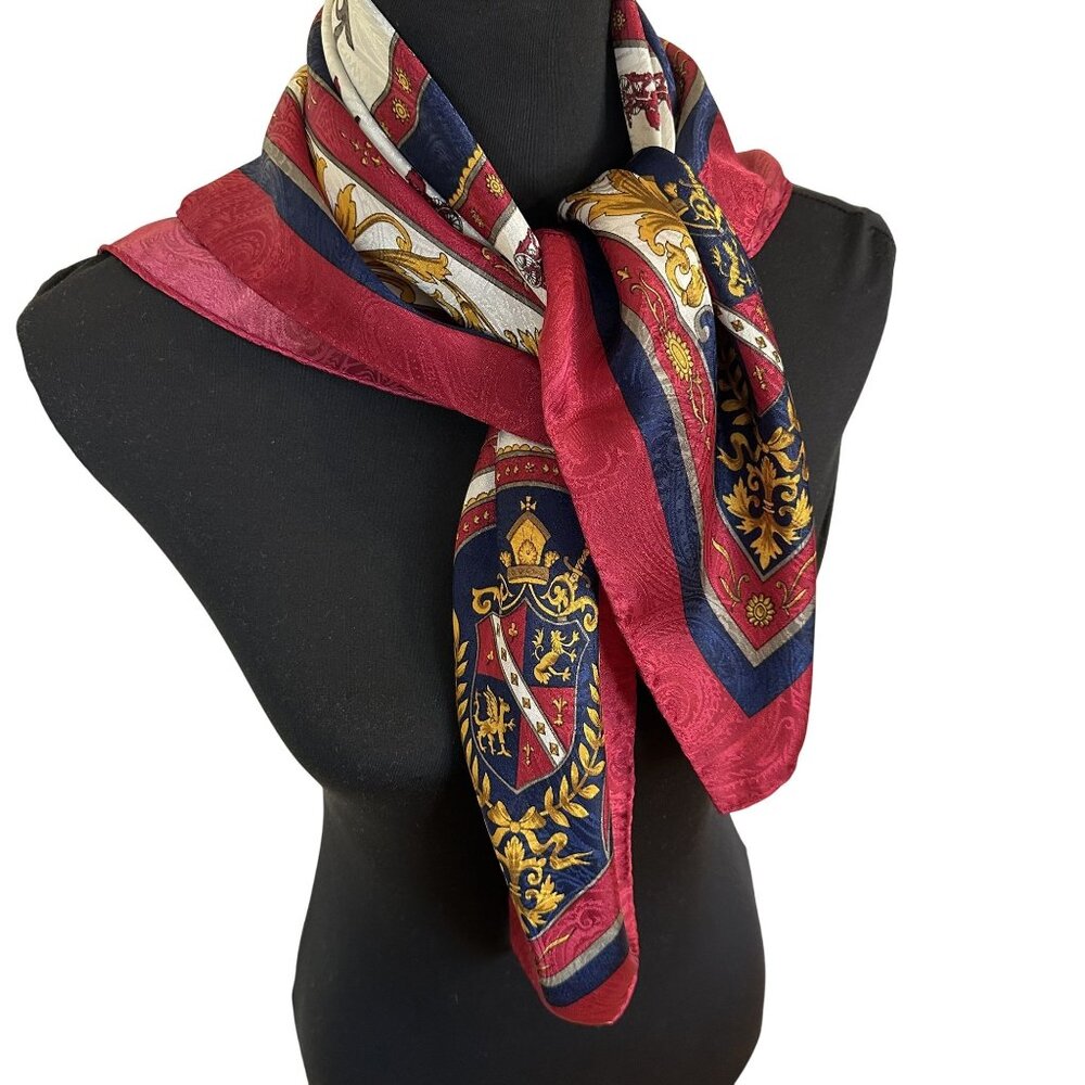 Vintage Womens Silk Scarf Regal Heraldic Design Crests Red Navy Gold Korea 31 in